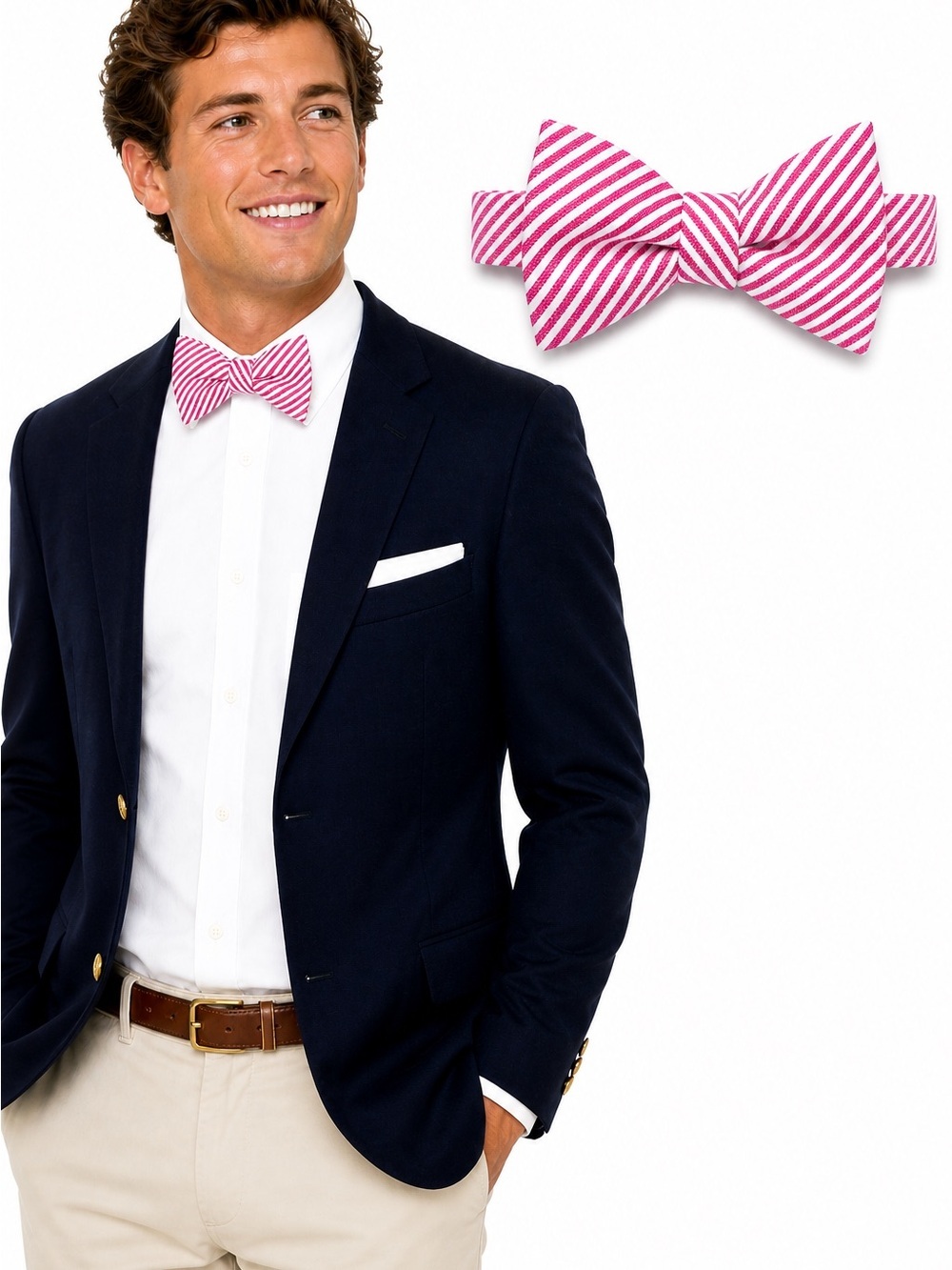 100% Silk Seersucker Bow Tie Pink & White Adjustable Self Tie Collard Greens